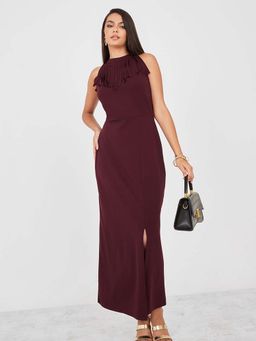 Miss Chase - Womens Maroon Red Fringed Halter Neck Sleeveless Front Slit Dress