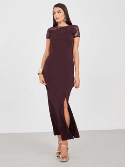 Miss Chase - Wine Purple Round Neck Cap Sleeves Sequin Panelled Solid Bodycon Dress