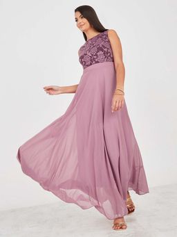 Miss Chase - Womens Lavender Round Neck Sleeveless Solid Lace Overlaid Dress