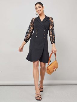 Miss Chase - Womens Black Notch Collared Solid Ruffled Mini Dress