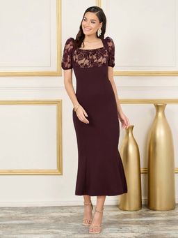 Miss Chase - Womens Wine Square Neck Short Puff Sleeve Bodycon Dress