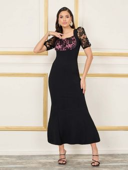 Miss Chase - Womens Black Square Puff Sleeve Solid Lace Overlaid Ankle Length Dress