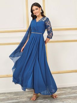 Miss Chase - Womens Royal Blue V-Neck Asymmetric Embellished Georgette Dress