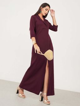 Miss Chase - Womens Wine Red Collared V-Neck Solid Front Slit A-Line Dress