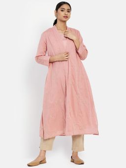 Fabindia - Pink Cotton Embroidered Raised Neck Slim Fit Long Kurta