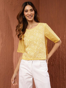 Fabindia - Yellow Cotton Chikankari Short Top