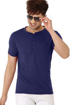 LEOTUDE - Men Navy Blue Henley Neck Regular Fit T-shirt
