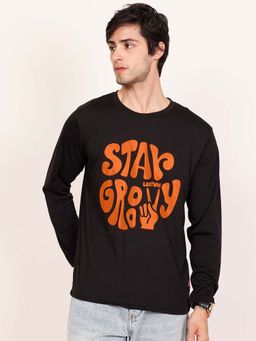 LEOTUDE - Men Black Graphic Printed Full Sleeves Crew Neck T-shirt