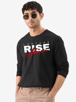 LEOTUDE - Men Black Typography Printed Full Sleeves Crew Neck T-shirt
