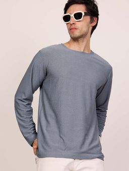 LEOTUDE - Men Grey Textured Fancy Full Sleeves Crew Neck T-shirt