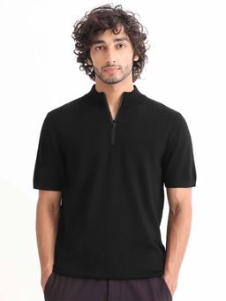 LEOTUDE - Men Black Solid High Neck T-shirt