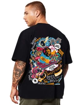 LEOTUDE - Men Black Doodle Graphic Printed Oversized T-shirt