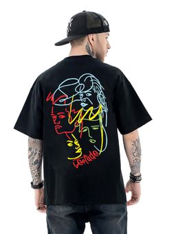 LEOTUDE - Men Black Face Graphic Printed Oversized T-shirt