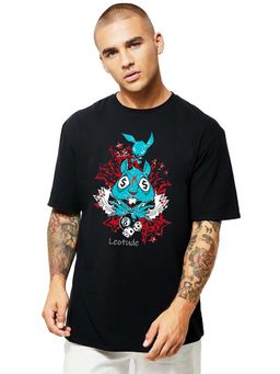 LEOTUDE - Men Black Rabbit Graphic Printed Oversized T-shirt