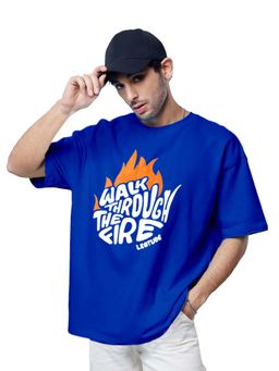 LEOTUDE - Men Blue Fire Typography Printed Oversized T-shirt