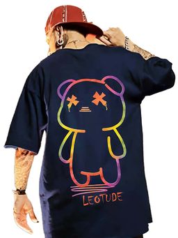 LEOTUDE - Men Navy Blue Teddy Printed Oversized T-shirt