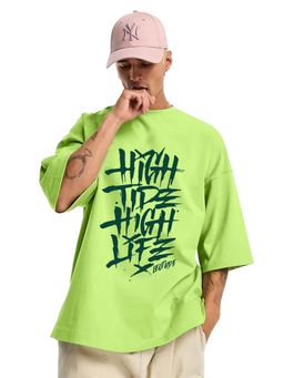 LEOTUDE - Men Green High Tide Neon Typography Printed Oversized T-shirt