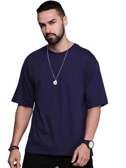 LEOTUDE - Men Navy Blue Solid Oversized T-shirt