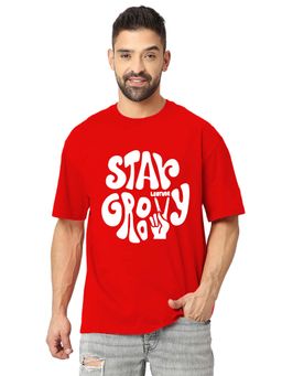 LEOTUDE - Men Red Typography Printed Oversized T-shirt