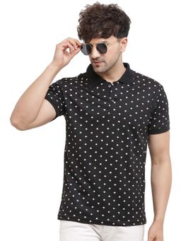 LEOTUDE - Men Black All-Over Print Polo T-shirt