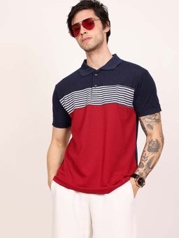 LEOTUDE - Men Navy Blue and Red Colorblock Polo T-shirt