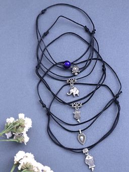 Yellow Chimes - Set Of 5 Black Oxidised Anklets Cum Bracelets