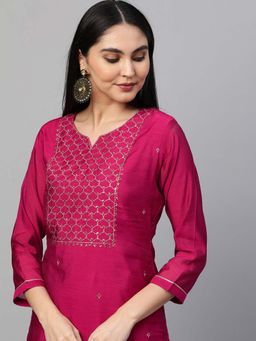 FASHOR - Festive Zari Embroidered Kurta With Banarasi Dupatta Rani Pink (set Of 2)