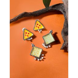 Yellow Chimes - Stud and Oxidised Silver Meenakari Earrings