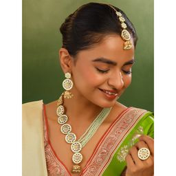 Yellow Chimes - Golden Long Layered Kundan Beads Necklace Set