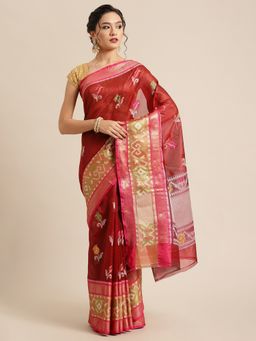 Banarasi Silk Works - Maroon & Pink Kanchi Pattu Border Saree with Unstitched Blouse