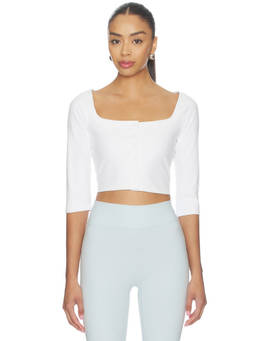 437 - Cropped Women's Stretch Square Neck Button Front Top White