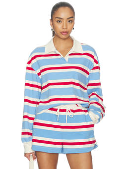 YEAR OF OURS - Striped Cotton Jersey Women's Button Placket Rugby T-Shirt Blue