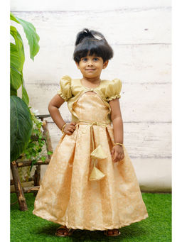 Baby Zi - Peach Benarasi Dress With Tissue Jacket (Set of 2)