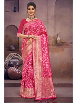 Sangam Prints - Pink Silk Woven Zari Work Traditional Tassel Saree with Unstitched Blouse