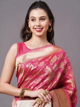 Akhilam - Pink Festive Silk Blend Woven Design Saree with Unstitched