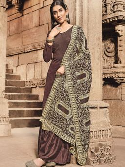Odette - Brown Unstitched Embellished Dress Material With Embroidered Dupatta (Set of 3)