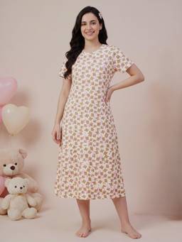 Secret Wish - Beige Teddy Print Hosiery Nighty