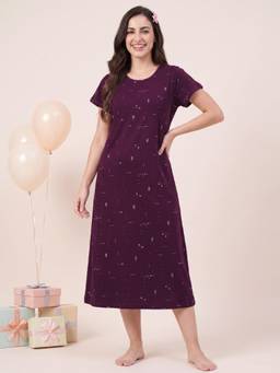 Secret Wish - Purple Printed Hosiery Nighty