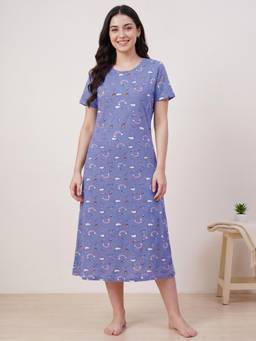 Secret Wish - Blue Printed Hosiery Night Dress
