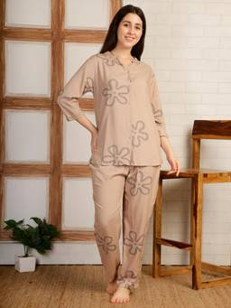 Smarty Pants - Women Floral Printed Beige Rayon Night Suit