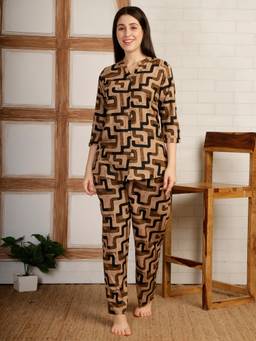 Smarty Pants - Women Printed Beige Rayon Night Suit