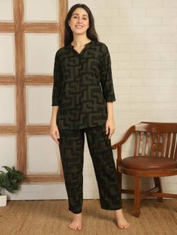 Smarty Pants - Women Printed Dark Green Rayon Night Suit