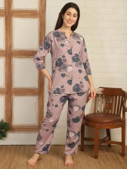 Smarty Pants - Women Floral Printed Lavender Rayon Night Suit