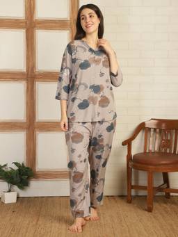 Smarty Pants - Women Floral Printed Grey Rayon Night Suit