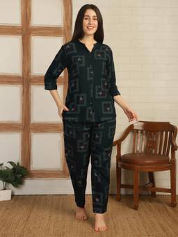 Smarty Pants - Women Printed Green Rayon Night Suit