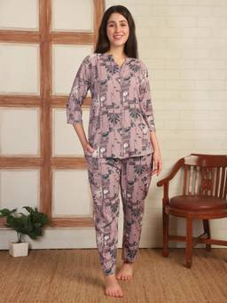 Smarty Pants - Women Printed Lavender Rayon Night Suit