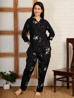 Smarty Pants - Women Printed Black Rayon Night Suit