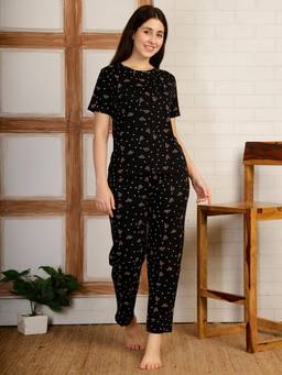 Smarty Pants - Women Printed Black Cotton Night Suit