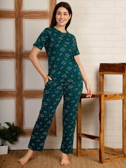 Smarty Pants - Women Cloud Printed Teal Cotton Night Suit