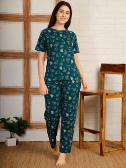 Smarty Pants - Women Printed Green Cotton Night Suit